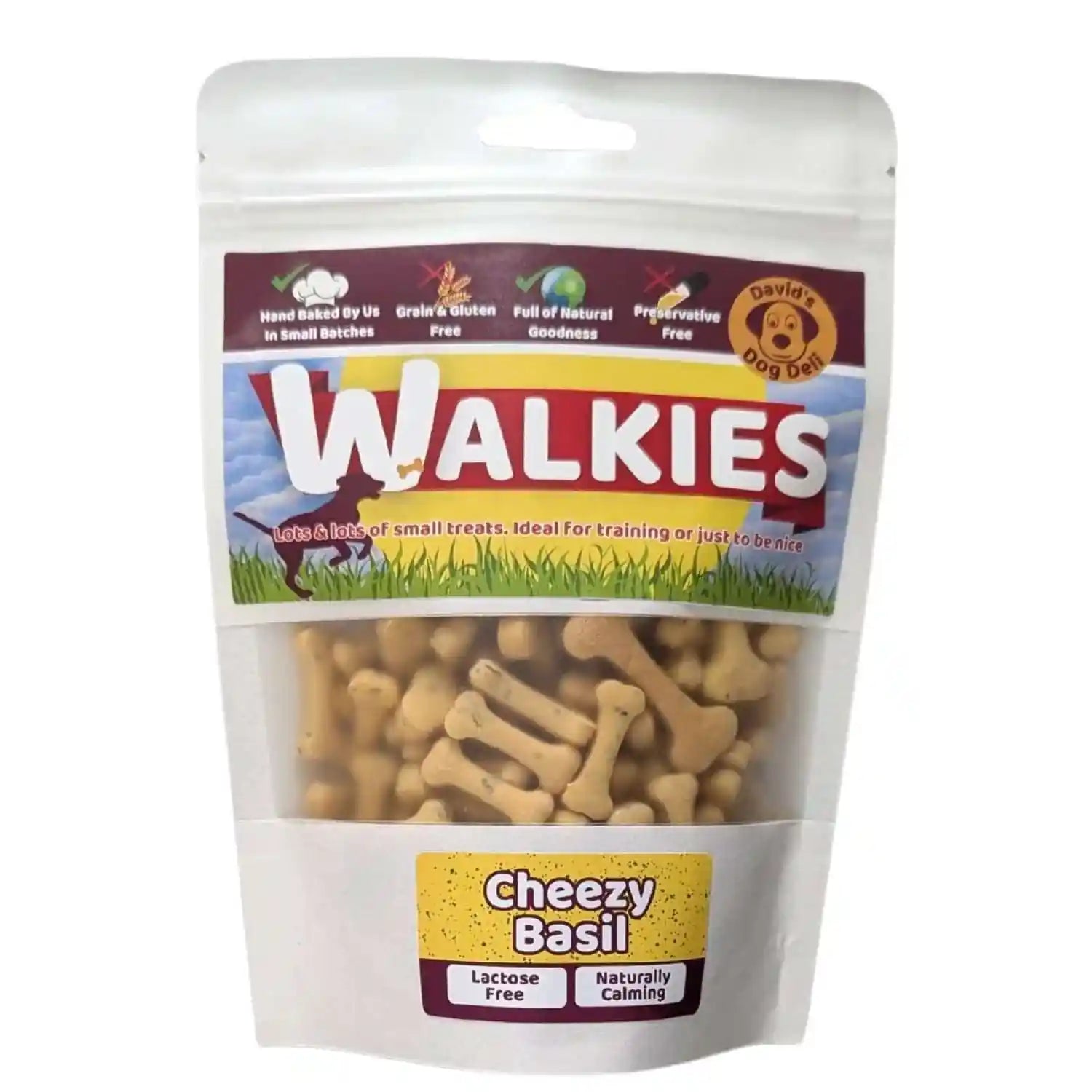 Packaging of Walkies Cheezy Basil dog treats on a white background
