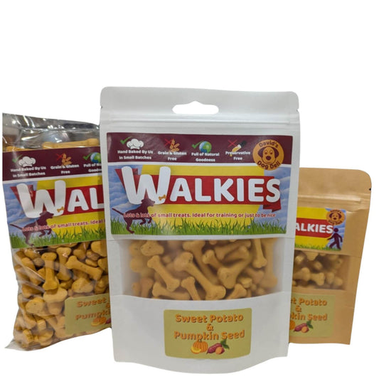 Walkies vegan dog treats, sweet potato pumpkin seed & coconut oil, 3 sizes